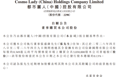 都市丽人（02298）执行董事张盛锋增持303万股，彰显对公司长期发展信心